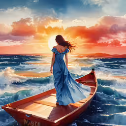 a woman in a long dress stands on a small boat on an ocean,a painting of a girl in a blue gown standing on a boat at sea