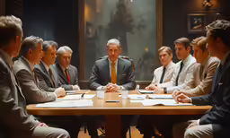 six businessmen are around a large wooden table while they are doing paperwork