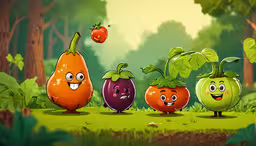 several colorful cartoon fruits with faces,the animated fruits and vegetables are showing off their facial expressions