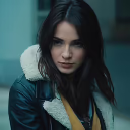 a beautiful young woman in a leather jacket looks to the side