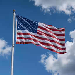 an american flag flying in a cloudy blue sky