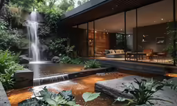 waterfall in front of building next to the pool