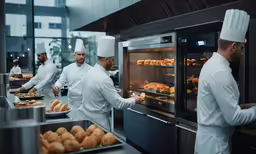 two chefs are reaching for some food in the oven