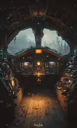 a plane inside of a hangar with lights on
