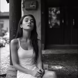 black and white photograph of woman with closed eyes sitting on the ground