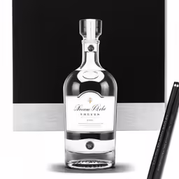 a bottle and two black pencils on a white surface