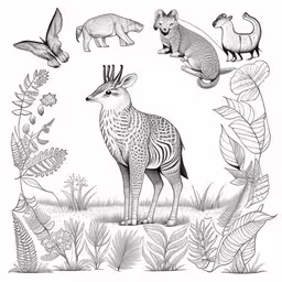 a pencil drawing of a deer surrounded by animals