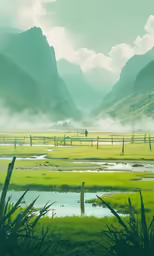 green grass and mountains with clouds and water