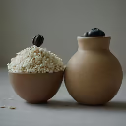 a vase and bowl full of rice next to each other