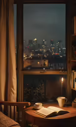 candles are lit in the distance behind a bookshelf with a book on a table with books
