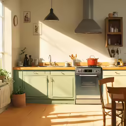 green painted kitchen cabinets and stainless steel range hoods