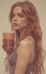 a beautiful woman with red hair holding a cup of coffee