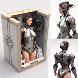 the model is posed in front of the robot girl