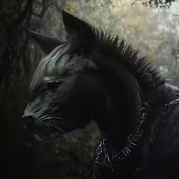 an animal with a coat on standing in the woods
