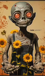 a person with large eyes and an orange flower