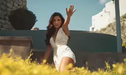 a girl leaning on a ledge with her hands up