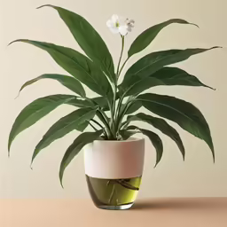 a plant sitting in a green pot with some kind of water on top