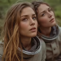 two girls sitting side by side looking up