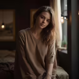 a woman is sitting on a bed near a window