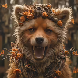 a fox is smiling in front of a bunch of orange flowers