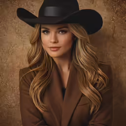 a very pretty blonde woman wearing a big black hat