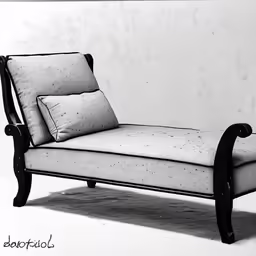 a chair with cushions sitting against a wall