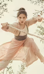 a young girl dressed in asian clothing swinging on a rope