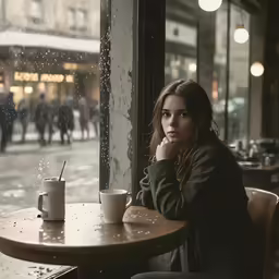 a woman at a table looking out the window