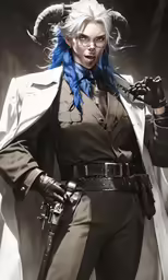 a woman dressed in an evil costume and horns holding a gun