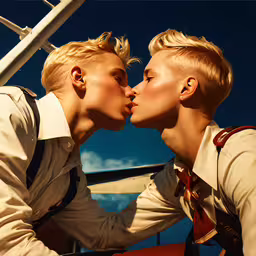 two men kissing each other in the air,a close up of two people kissing each other