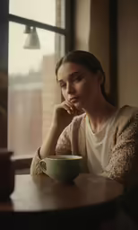 a woman sitting at a table looking into a window