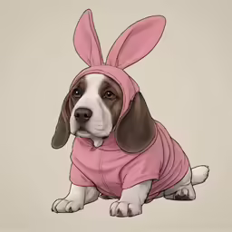 a dog in pink bunny ears is wearing a pink shirt