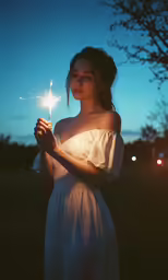 a young woman standing in the grass holding up a sparkler