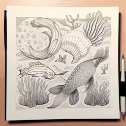 a black and white photo with fish on a table