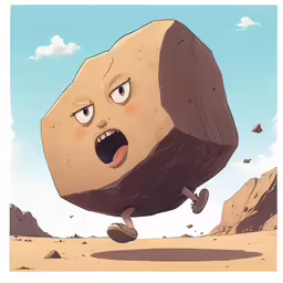 an animated rock with its mouth open is going through the desert