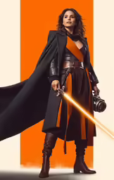 a woman in black coat holding a light saber