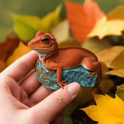 someone holding a small toy lizard on top of a rock