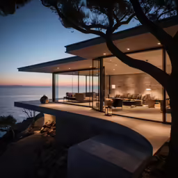 the view from a deck overlooking the ocean at dusk