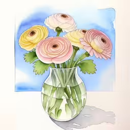 a vase filled with lots of colorful flowers,a drawing of flowers in a glass vase