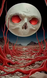 a creepy red headed human head with red eyes in the desert
