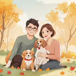 man and woman sitting together on the ground with two brown and white dogs