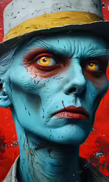 a close - up view of an avatar, including blue makeup