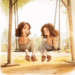 two women on swings in a park looking back at the camera