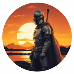 star wars art featuring boba fett standing against the sun