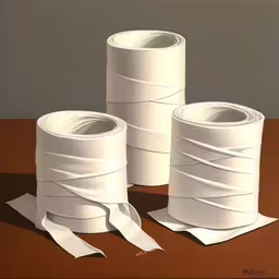 a picture of rolls of toilet paper on the table,three rolled up toilet paper sitting on top of a wooden table,three rolls of toilet paper laid on top of each other,three rolled paper towels sitting on a table,three white rolls of toilet paper with a brown background