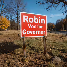 a sign sitting in the middle of a field in front of some trees