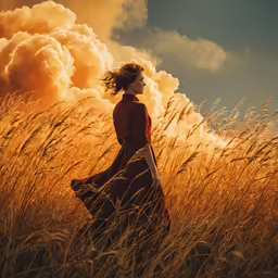 a woman is walking through some tall grass