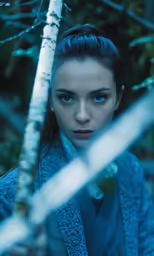 the woman is hiding behind a tree with a scarf on