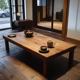 a wood table that is sitting in front of a window