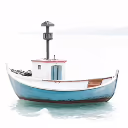 a white and blue boat is out on the water